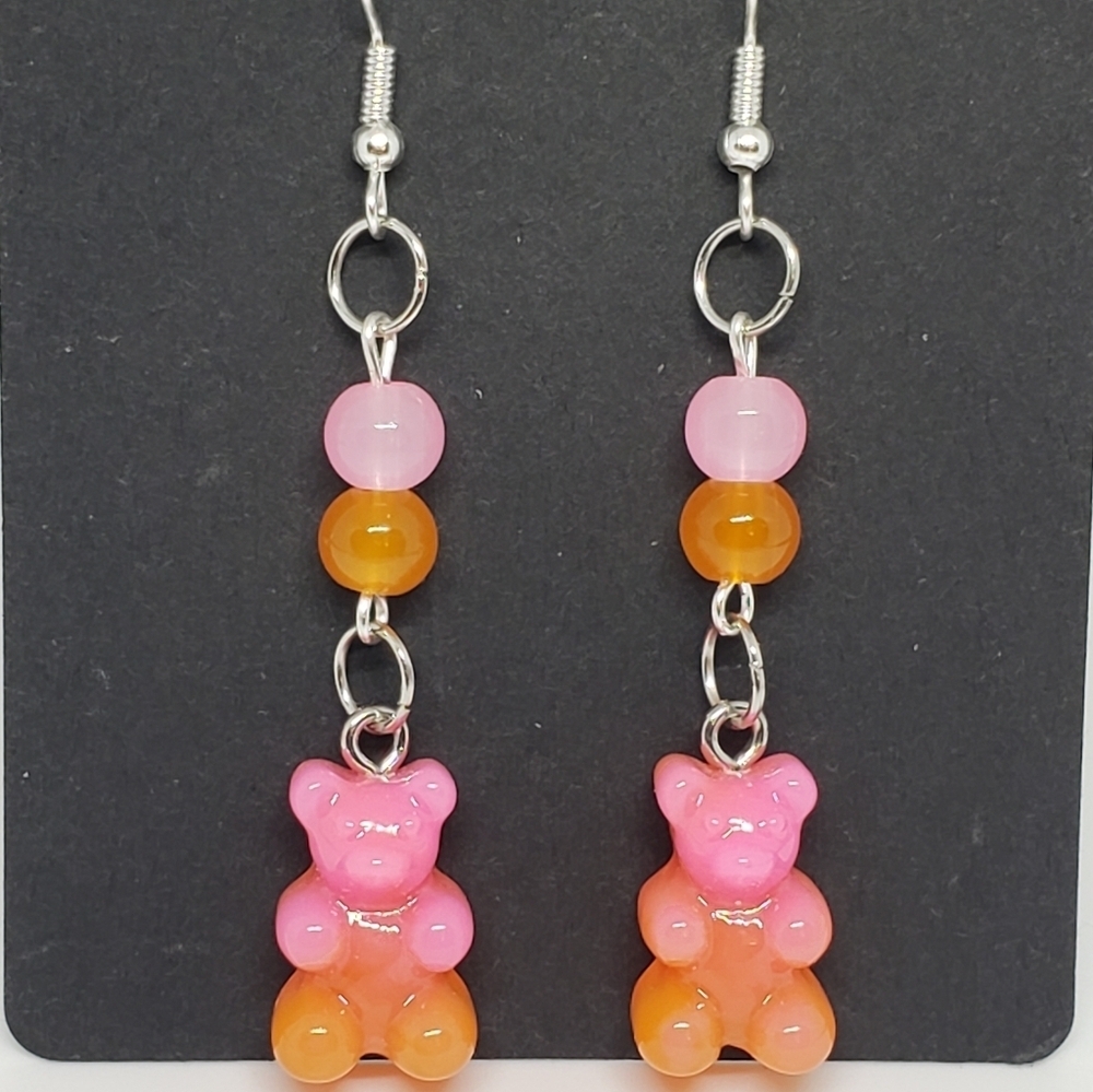 Handmade Gradient Beaded Pink Orange Kawaii Gummy Bear Dangle Earrings
